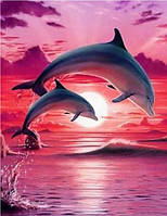 Алмазная мозаика вышивка Дельфины и рассвет Морской пейзаж на подрамнике полная 5d 40х50 177042