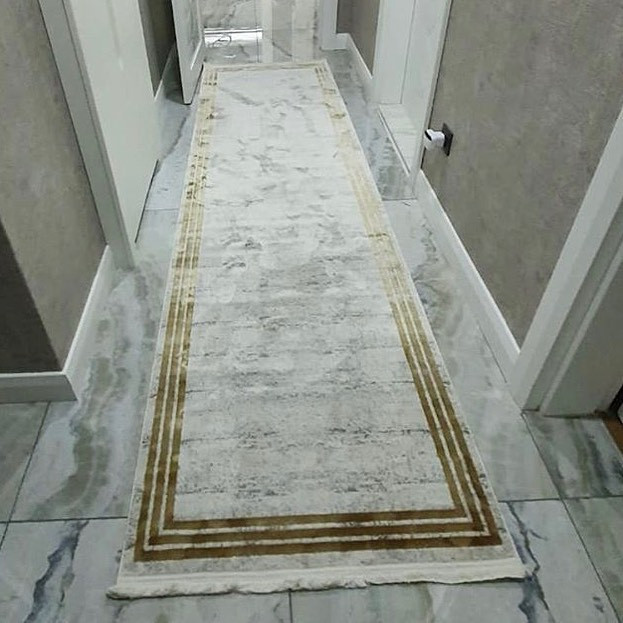 Турецька доріжка з бахромою 80*300 см біло-золотиста REFORM CARPET Trend 1308, у вітальню, в спальню, на кухню