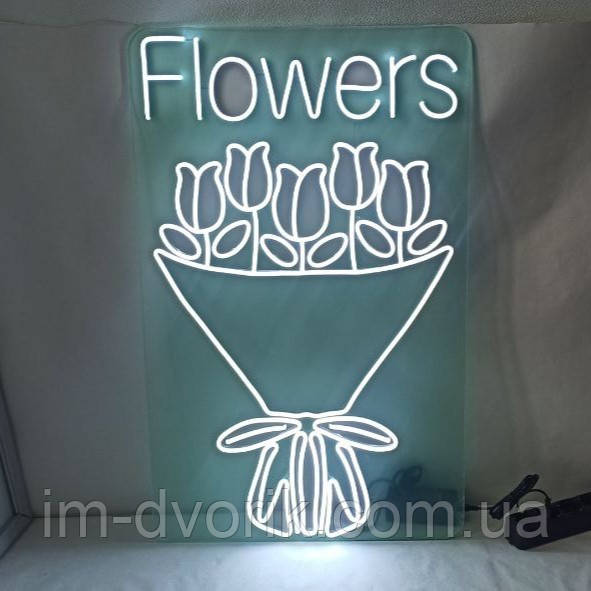 Вивіска неонова Flowers біла 500х800 мм з блоком та пультом