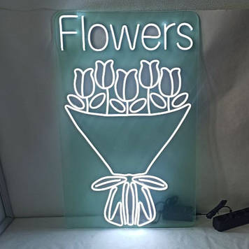 Вивіска неонова Flowers біла 500х800 мм з блоком та пультом