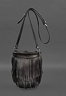 Кожаная женская сумка с бахромой мини-кроссбоди Fleco черная краст BlankNote