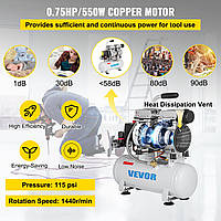 VEVOR 9L Бесшумный компрессор Сжатый воздух 550W Воздушный компрессор Whisper Compressor Выброс воздуха