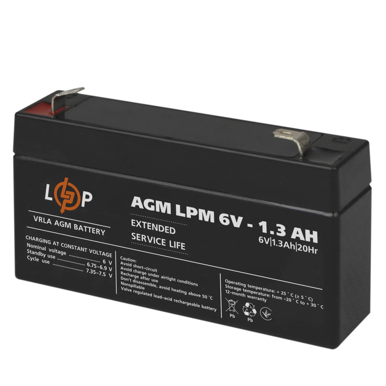 Акумулятор AGM LogicPower LPM 6-1.3 AH 6V 400 циклів для сигналізації та відеоспостереження 0.26A вага 0.3 кг