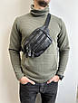 Шкіряна сумка чоловіча , бананка через плече 2 кармани спереду КТ-4002-2 Чорна, фото 2