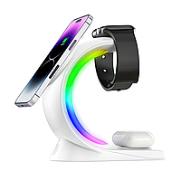 Беспроводное зарядное устройство 3в1 для iPhone, наушников AirPods, смарт-часов AppleWatch, с RGB ночником, WH