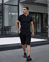 Мужской костюм летний льняной черный Flax Комплект футболка поло + шорты из льна (N)