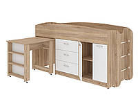 Ліжко горище дитяче ПОЛЮС (Ліжко з полицями та столом) Сонома/ Білий