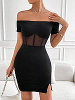 Изысканное сексуальное платье с имитацией корсета Креп-дайвинг+евросетка 42-44,46-48 Цвет Чёрный