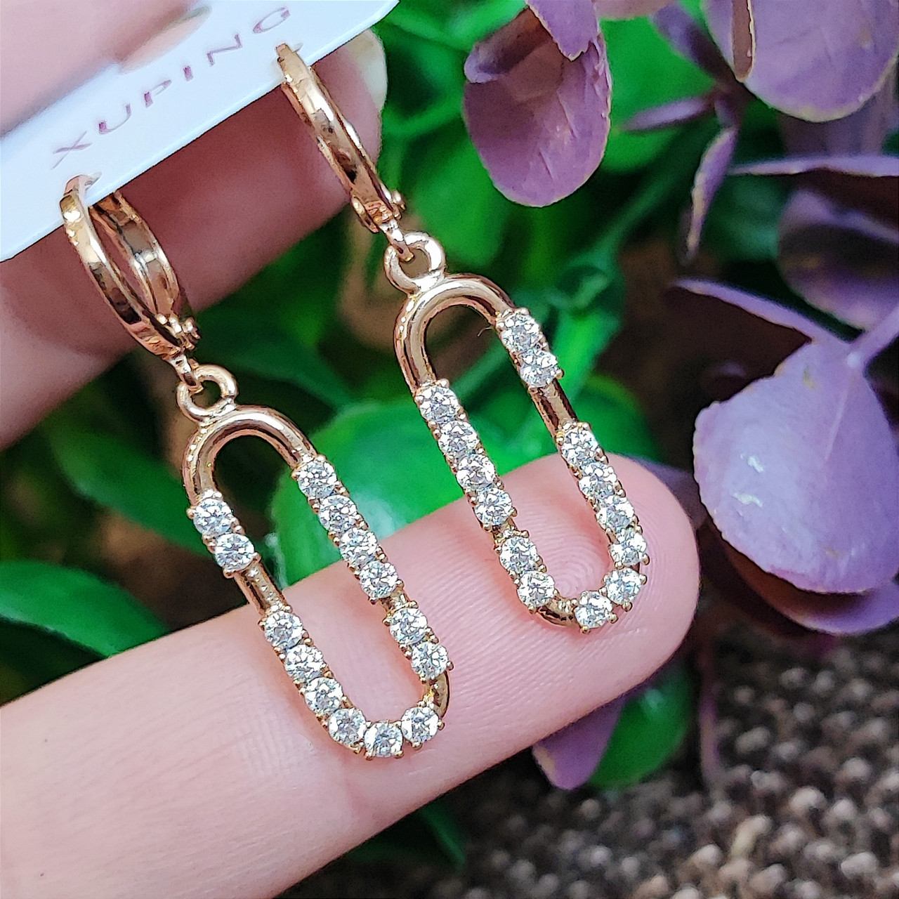 Сережки Xuping довжина 3.5см ширина 9мм медичне золото позолота 18К цирконій с1377