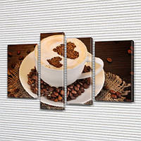 Картина модульная Чашка любимого кофе для кухни, на Холсте син., 65x85 см, (40x20-2/65х18/50x18)