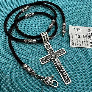 Хрест із чорнінням та чорний шовковий шнурок зі вставками із срібла 925 проба