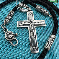 Крест с чернением и плетеный шелковый шнурок со вставками из серебра 925 проба