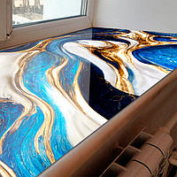 Покрытие для подоконника, мягкое стекло с фотопечатью под Синий Синий мрамор с золотом с золотом 35х100 см