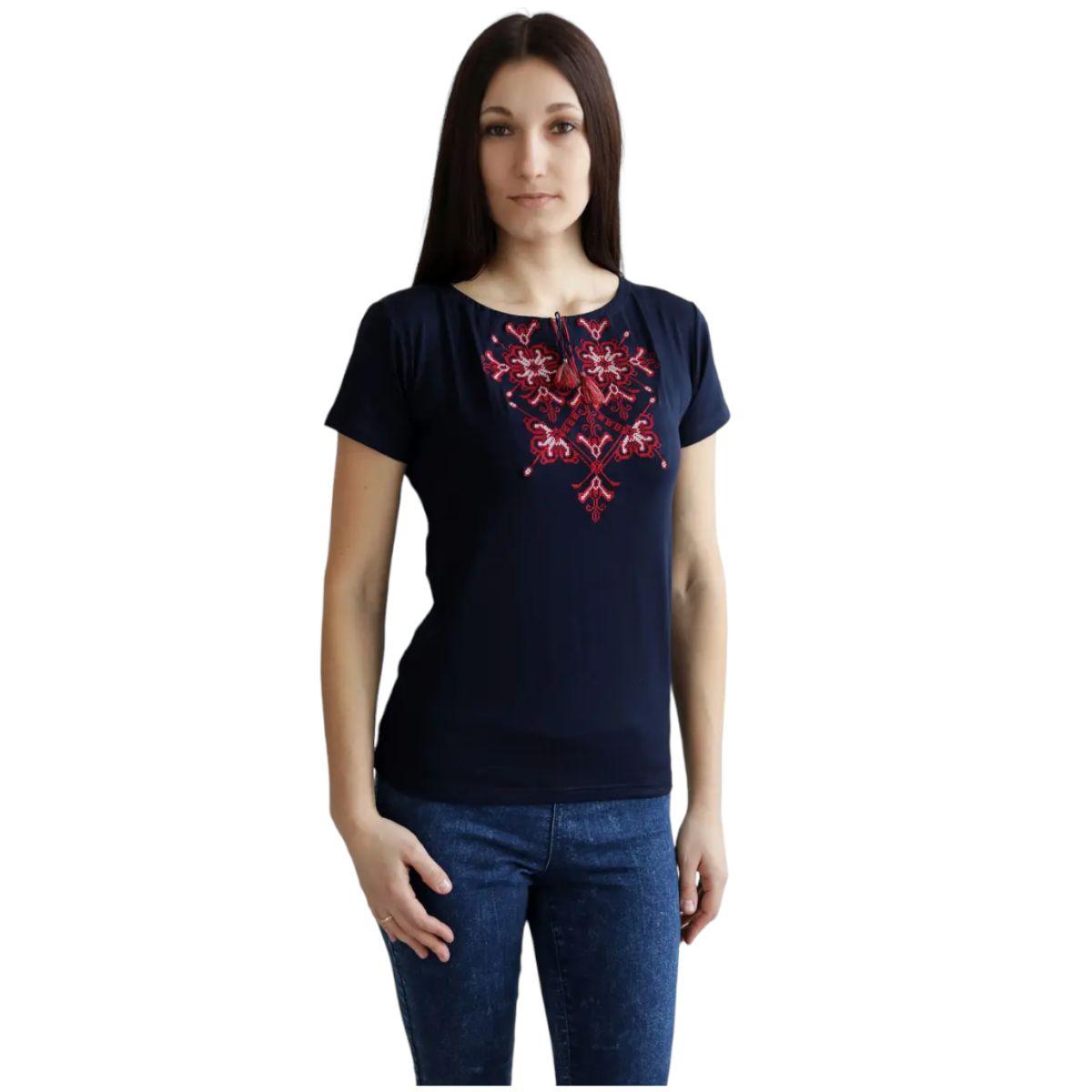 Жіноча вишита футболка темно-синя, фото 1