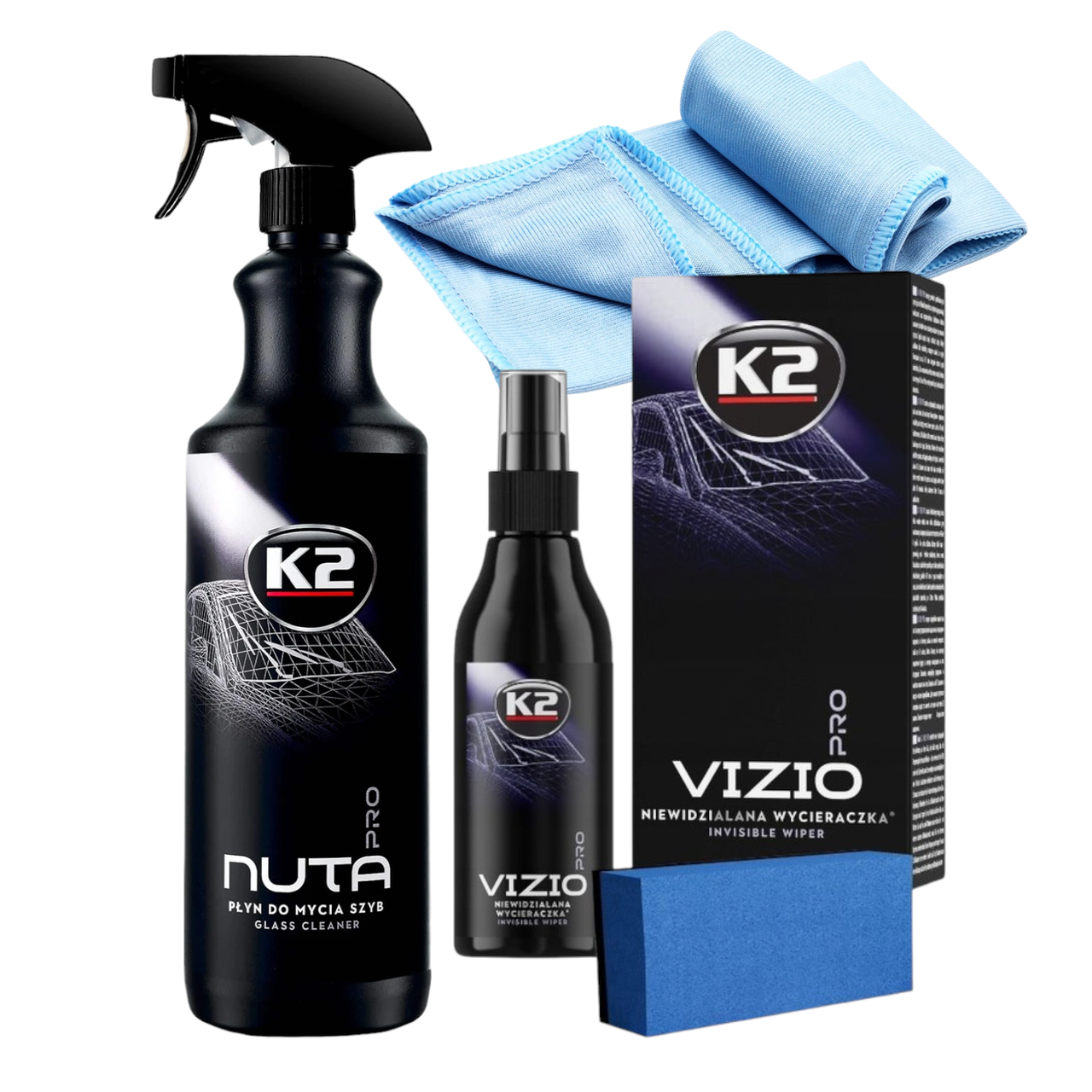 Очисник скла K2 Nuta Pro 1 л та антидощ в комплекті з аплікатором і мікрофіброю професійний Vizio Pro 150 мл, фото 1