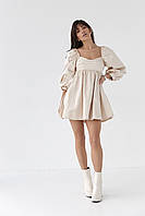 Атласное платье-мини с пышной юбкой и с открытой спиной - кремовый цвет, Искусственный атлас, однотонный,