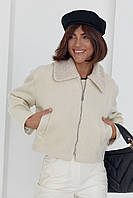 Женское короткое пальто в елочку - кремовый цвет, укороченный, елочка, Классический, Турция