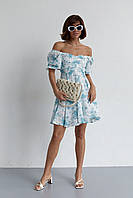 Летнее платье мини с драпировкой спереди - бирюзовый цвет, Креп-шифон, солнце-клеш, цветочный, Турция L