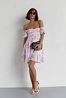 Летнее платье мини с драпировкой спереди - лавандовый цвет, Креп-шифон, солнце-клеш, цветочный, Турция L