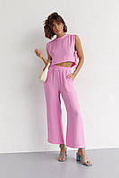 Летний женский костюм с брюками и топом с завязками - розовый цвет, прямой, однотонный, Поликотон жатый,