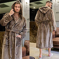 Теплый мужской халат размер 46-48, 50-52, 54-56 Турция | Мужской махровый халат с капюшоном Мокко, 48