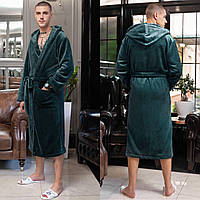 Теплый мужской халат размер 46-48, 50-52, 54-56 Турция | Мужской махровый халат с капюшоном Смарагд, 50-52