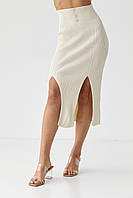 Трикотажная юбка миди с разрезами - кремовый цвет, Трикотаж, рубчик, Турция