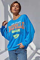 Женский трикотажный свитшот с ярким принтом - джинс цвет, свободный, принт-накат, спорт-шик, Турция