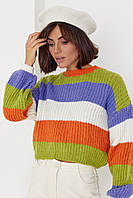 Укороченный вязаный свитер в цветную полоску - оранжевый цвет, Вязка, полоска, Турция