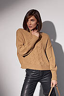 Вязаный женский свитер с косами - коричневый цвет, прямой, косички, Повседневный, Турция