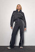 Утепленный женский спортивный костюм с акцентными полосками - темно-серый цвет, Трикотаж 2-нитка с начесом,