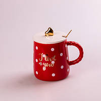Чашка с крышкой и ложкой с надписью Love, керамика, 400 мл цвет: красный, черный, белый