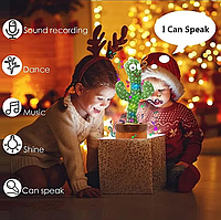 Детская игрушка говорящий музыкальный кактус повторюшка в горшке в кульке на батарейках с подсветкой 120 песен