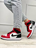 Мужские кроссовки Nike Air Jordan Retro 1 Black Red White (красно-черные с белым) высокие деми кроссы Y12405