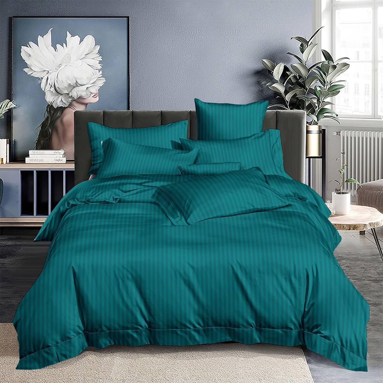 Постільна білизна страйп-сатин Півтораспальна ізімруд, фото 1