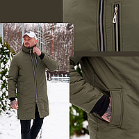 Парка зимняя мужская куртка удлиненная теплая, мужская зимняя парка Снеговик с капюшоном хаки Турция
