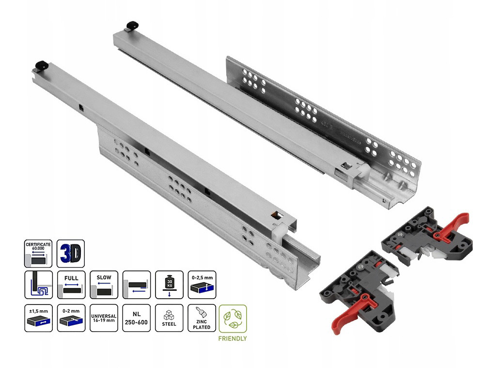 Направляюча 450mm GTV MODERN SLIDE (ДСП-16/18mm) 3D прихованого монтажу повного висуву 30кг PB-3D0SHX18-450