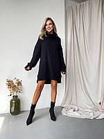 Женское теплое платье-свитер с воротником хомут размер универсальный Черный, Oversize