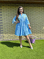 Нежное платье с воланами по низу коттон голубой TRA