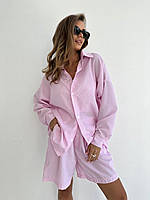 Легкий костюм Рубашка оверсайз и шорты на высокой посадке коттон розовый в полоску TRA