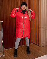 Удлиненное стеганое пальто на синтепоне красный TRA