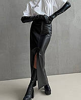 Длинная юбка из матовой эко кожи с разрезом черный TRA