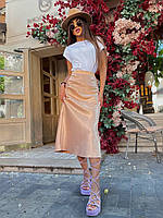Шикарная атласная юбка на молнии бежево-золотой TRA