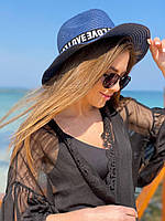 Женская стильная шляпа с широкими полями и красивой лентой СИНЯЯ TRA