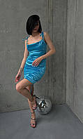 Платье на тонких брителях с затяжками голубой TRA