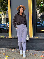 Красивые тёплые женские брюки кашемир елочка серый TRA