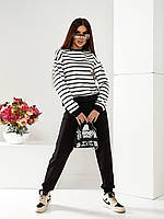 Костюм Джогеры с высокой посадкой на резинке и свободная блузка в полоску черный TRA