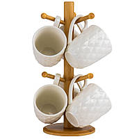Набір із 6 чашок із бамбуковою підставкою "Біле мереживо", 33 см