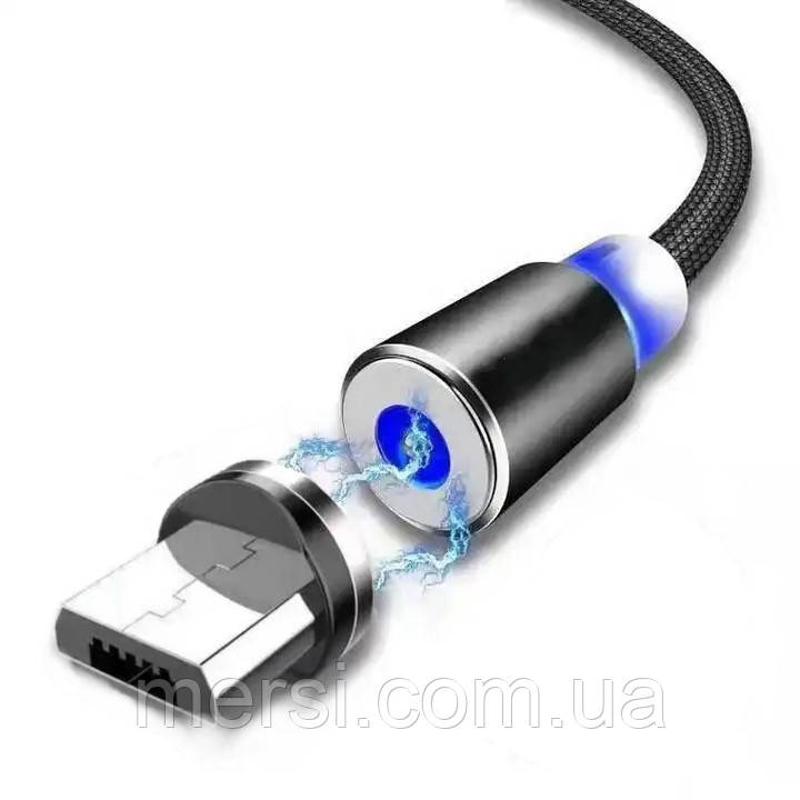 USB Кабель магнітний MicroUSB=>USB для заряджання. Magnetic. Чорний нейлон