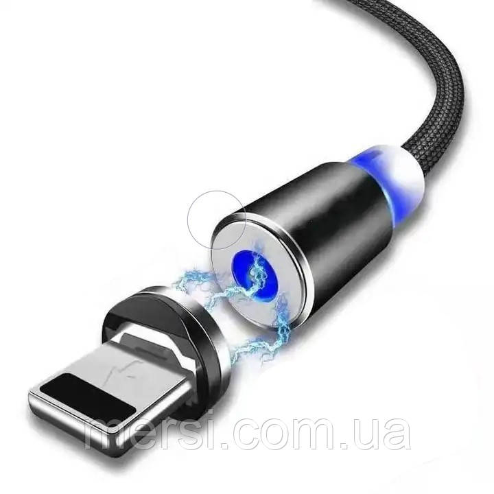 USB Кабель магнітний Apple Lightning (Айфон) => USB для заряджання. Magnetic. Чорний нейлон